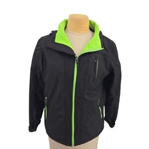Distortion Outdoor Tech Jacket Mens Medium Black Green Softshell Hooded HU26145M